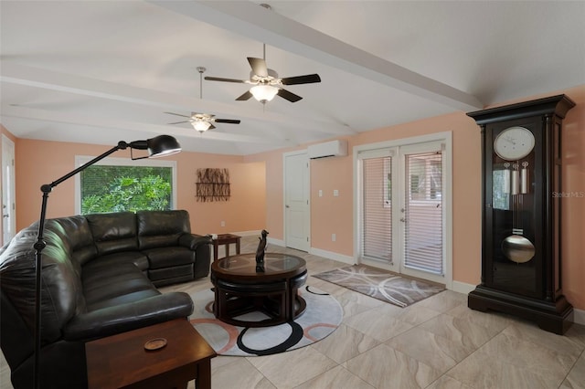 22063 Lake Lindsey Rd, Brooksville, FL 34601 - living area with an AC wall unit, healthy amount of natural light, vaulted ceiling, french doors, and ceiling fan