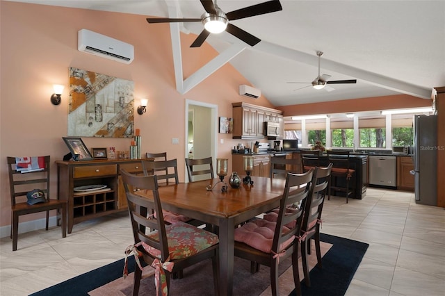 22063 Lake Lindsey Rd, Brooksville, FL 34601 - dining space featuring ceiling fan, a wall mounted air conditioner, lofted ceiling, and light tile patterned floors