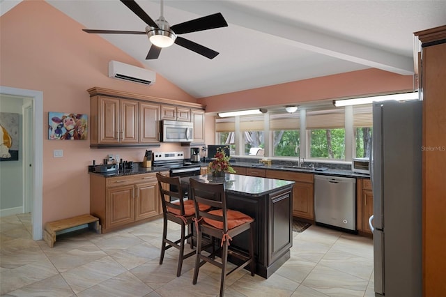 22063 Lake Lindsey Rd, Brooksville, FL 34601 - kitchen with stainless steel appliances, a wall mounted AC, a sink, lofted ceiling, and ceiling fan