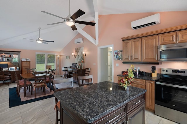 22063 Lake Lindsey Rd, Brooksville, FL 34601 - kitchen featuring stainless steel appliances, an AC wall unit, ceiling fan, beamed ceiling, and brown cabinets