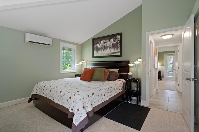 22063 Lake Lindsey Rd, Brooksville, FL 34601 - bedroom with a wall mounted air conditioner, vaulted ceiling, carpet floors, and baseboards