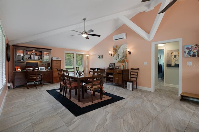 22063 Lake Lindsey Rd, Brooksville, FL 34601 - dining space with a ceiling fan, a wall mounted air conditioner, beamed ceiling, high vaulted ceiling, and baseboards