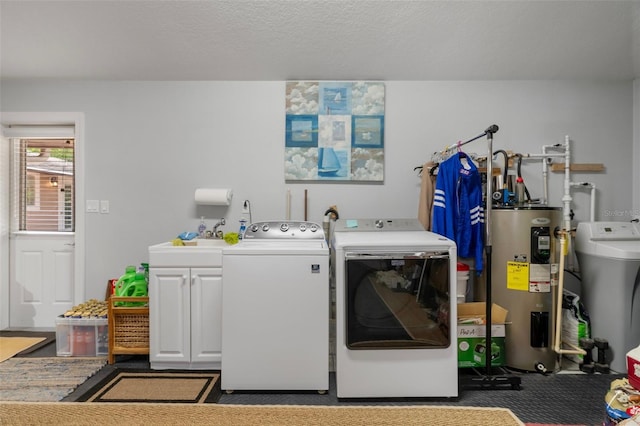 22063 Lake Lindsey Rd, Brooksville, FL 34601 - laundry area with water heater, washer and dryer, and cabinet space