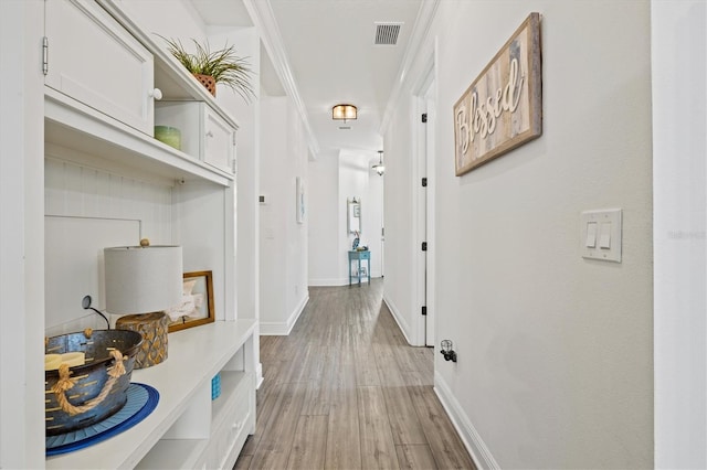 13849 Old Creek Ct, Parrish, FL 34219 - corridor with light wood-style flooring, baseboards, and ornamental molding