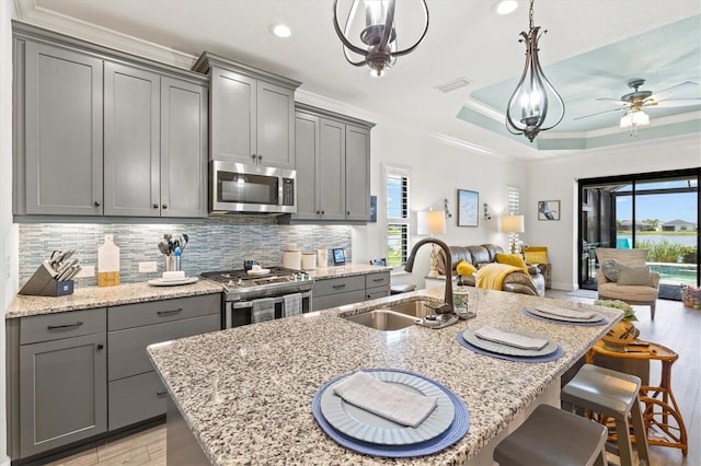 13849 Old Creek Ct, Parrish, FL 34219 - kitchen with appliances with stainless steel finishes, gray cabinetry, a sink, open floor plan, and ornamental molding
