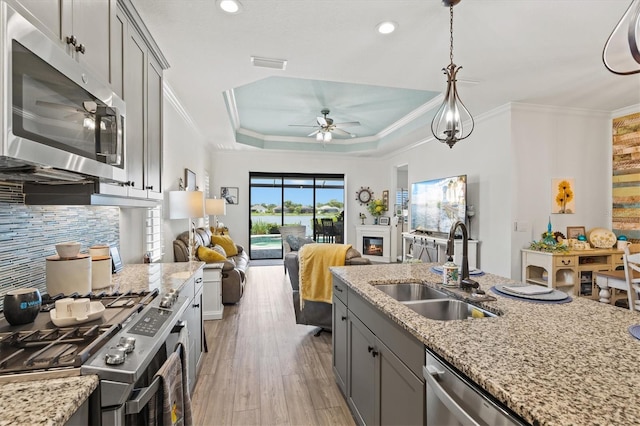 13849 Old Creek Ct, Parrish, FL 34219 - kitchen featuring appliances with stainless steel finishes, a sink, gray cabinets, a ceiling fan, and light stone counters