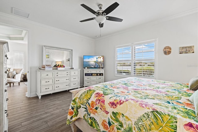 13849 Old Creek Ct, Parrish, FL 34219 - bedroom with dark wood-type flooring, ornamental molding, baseboards, and ceiling fan