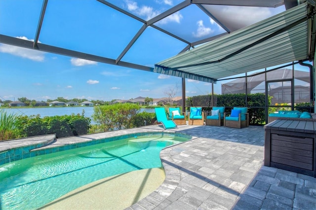 13849 Old Creek Ct, Parrish, FL 34219 - swimming pool with a patio area, glass enclosure, and a water view