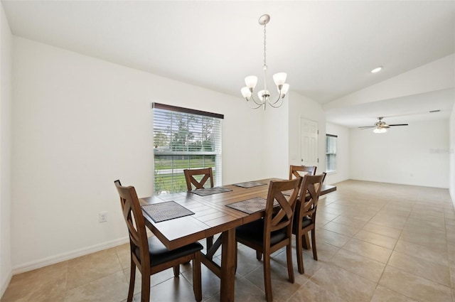 4091 Dull St, North Port, FL 34286 - dining space with vaulted ceiling, a chandelier, light tile patterned floors, and ceiling fan