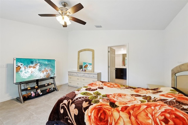 4091 Dull St, North Port, FL 34286 - bedroom with light tile patterned floors, a ceiling fan, and ensuite bath