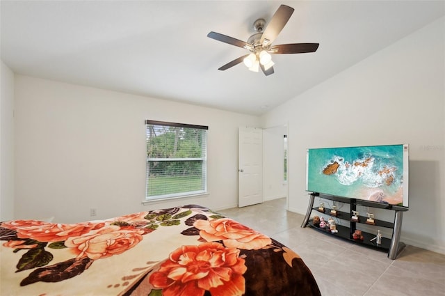 4091 Dull St, North Port, FL 34286 - bedroom with light tile patterned floors, vaulted ceiling, ceiling fan, and baseboards