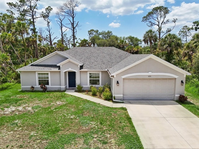 4091 Dull St, North Port, FL 34286 - ranch-style home with stucco siding, a front lawn, a garage, concrete driveway, and roof with shingles