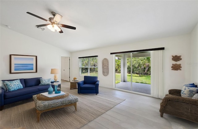 4091 Dull St, North Port, FL 34286 - living room with lofted ceiling, light wood-style flooring, and ceiling fan