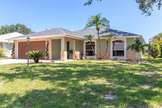 4758 Breezy Pines Blvd, Sarasota, FL 34232 - ranch-style house featuring a garage, a front lawn, stucco siding, and concrete driveway