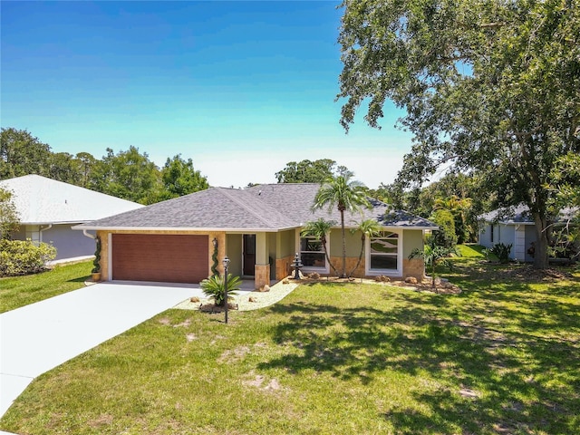 4758 Breezy Pines Blvd, Sarasota, FL 34232 - ranch-style home with an attached garage, concrete driveway, and a front lawn
