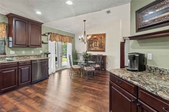 4758 Breezy Pines Blvd, Sarasota, FL 34232 - kitchen with dishwasher, a chandelier, a textured ceiling, light stone countertops, and vaulted ceiling