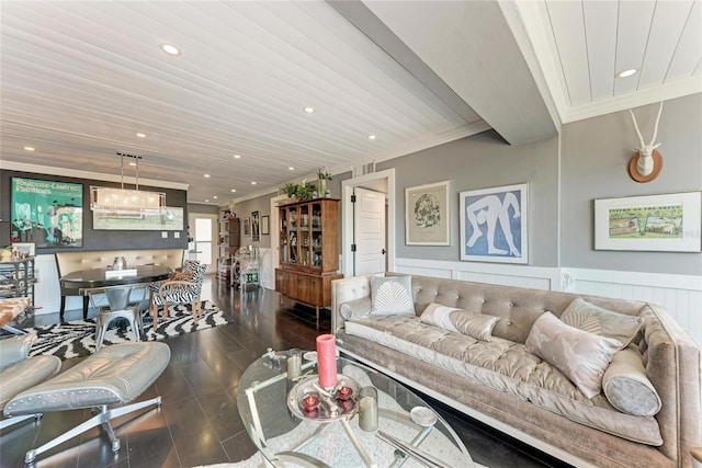 33 S Gulfstream Ave Unit 306, Sarasota, FL 34236 - living area with crown molding, recessed lighting, a wainscoted wall, and wood finished floors
