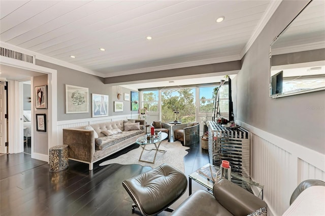 33 S Gulfstream Ave Unit 306, Sarasota, FL 34236 - living area featuring ornamental molding, recessed lighting, a wainscoted wall, and wood finished floors