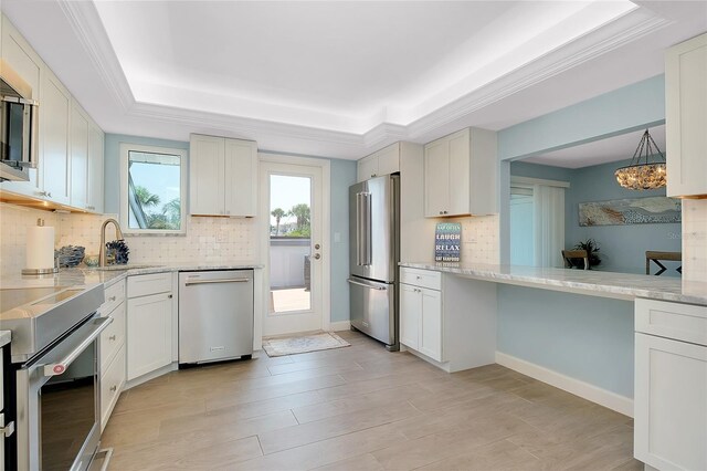 1001 Point Of Rocks Rd Unit 207, Sarasota, FL 34242 - kitchen with stainless steel appliances, a tray ceiling, a sink, decorative backsplash, and light stone countertops