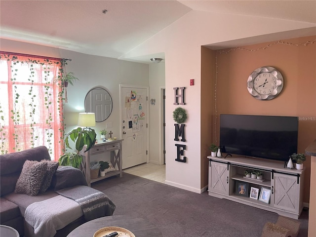 4802 51st St W Unit 1724, Bradenton, FL 34210 - living area featuring vaulted ceiling, carpet flooring, and baseboards