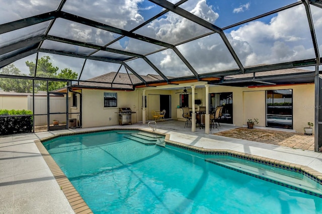 8402 13th Ave NW, Bradenton, FL 34209 - swimming pool with a patio area, a ceiling fan, grilling area, and outdoor dining space
