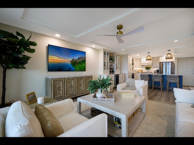 2045 Gulf Of Mexico Dr Unit M1-505, Longboat Key, FL 34228 - living room with light wood-style floors, recessed lighting, wine cooler, and a ceiling fan