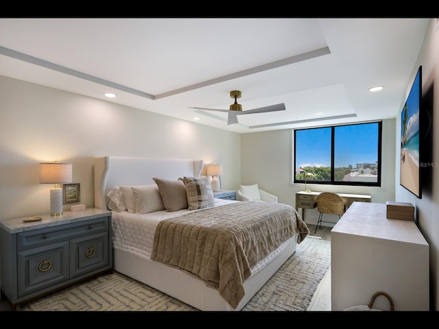 2045 Gulf Of Mexico Dr Unit M1-505, Longboat Key, FL 34228 - bedroom featuring ceiling fan, recessed lighting, and a tray ceiling