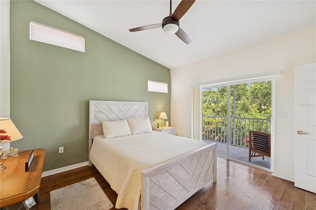 7532 Marsh Orchid Cir Unit 8-201, Bradenton, FL 34203 - bedroom with access to exterior, vaulted ceiling, wood finished floors, baseboards, and a ceiling fan