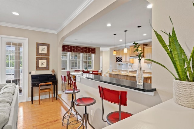 5373 Anthony Ln, Sarasota, FL 34233 - kitchen featuring crown molding, light wood-style flooring, a breakfast bar, recessed lighting, and open floor plan
