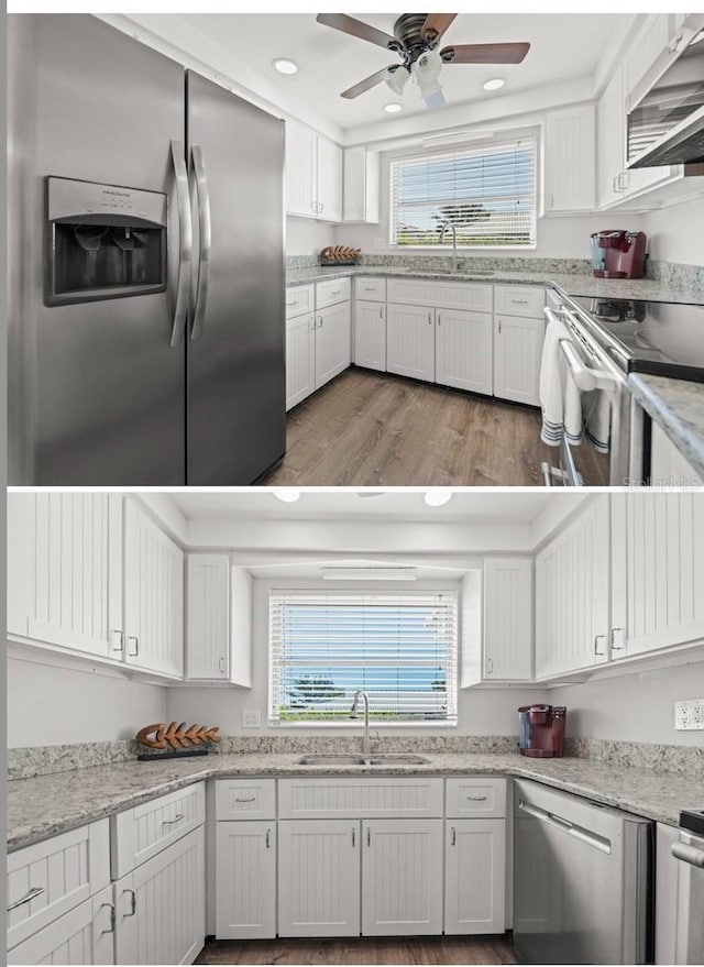 669 Spanish Dr N Unit 21, Longboat Key, FL 34228 - kitchen featuring a sink, stainless steel appliances, ceiling fan, white cabinets, and light wood finished floors
