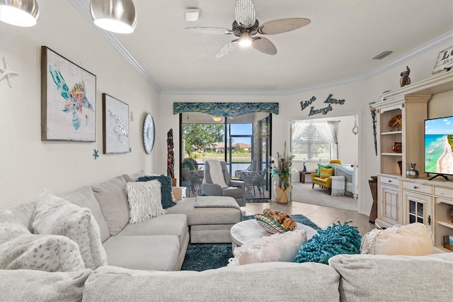 12230 Amica Loop, Venice, FL 34293 - living area featuring ceiling fan, ornamental molding, and light tile patterned flooring