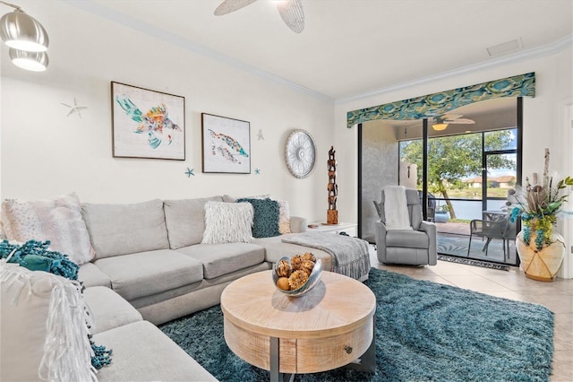 12230 Amica Loop, Venice, FL 34293 - living room featuring ceiling fan, crown molding, and tile patterned flooring
