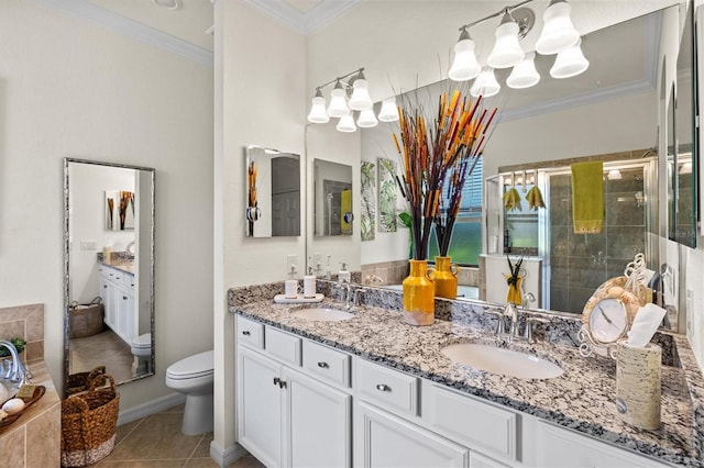 12230 Amica Loop, Venice, FL 34293 - full bath with double vanity, a shower stall, toilet, a chandelier, and crown molding