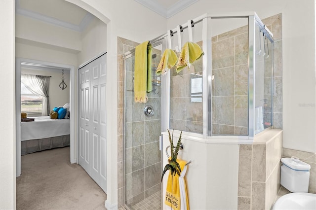 12230 Amica Loop, Venice, FL 34293 - ensuite bathroom featuring a stall shower and ornamental molding