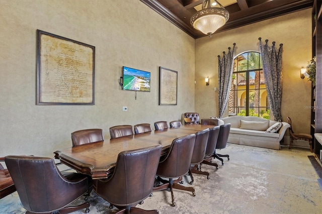12230 Amica Loop, Venice, FL 34293 - office space featuring a high ceiling, crown molding, beamed ceiling, coffered ceiling, and concrete flooring