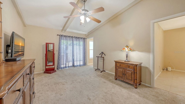 4308 Kingston Loop, Sarasota, FL 34238 - living area featuring lofted ceiling, ceiling fan, baseboards, and light colored carpet