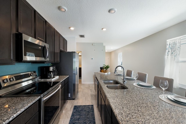 4739 Reisswood Loop, Palmetto, FL 34221 - kitchen with appliances with stainless steel finishes, a sink, dark stone countertops, recessed lighting, and dark brown cabinets
