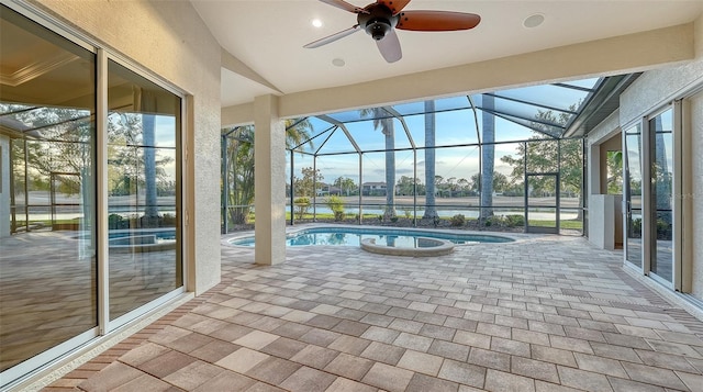 6914 Dominion Ln, Lakewood Ranch, FL 34202 - outdoor pool featuring a patio area, a ceiling fan, a lanai, and a water view