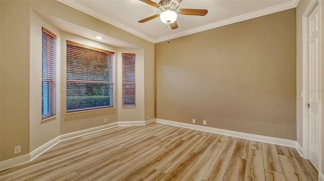 6914 Dominion Ln, Lakewood Ranch, FL 34202 - spare room featuring light wood finished floors, ornamental molding, ceiling fan, and baseboards
