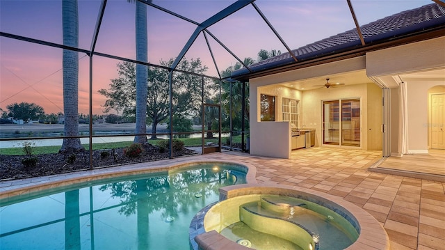 6914 Dominion Ln, Lakewood Ranch, FL 34202 - view of pool with a patio area, a pool with connected hot tub, a ceiling fan, and glass enclosure