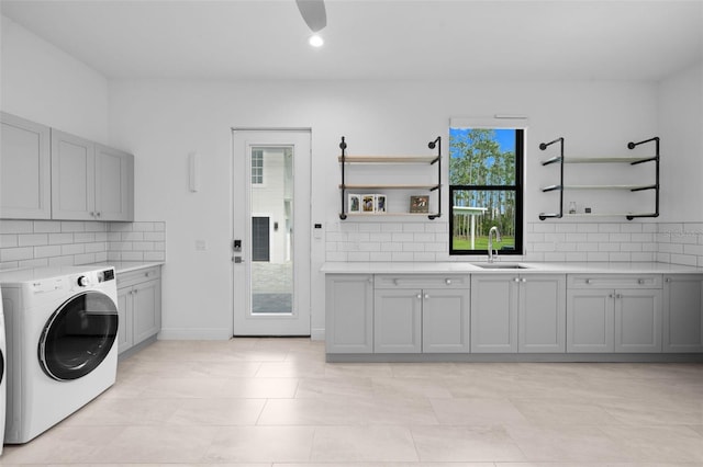 7051 Turtle Ln, Sarasota, FL 34241 - laundry area featuring cabinet space, washer and clothes dryer, recessed lighting, and ceiling fan