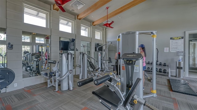 11603 Bluebird Pl, Lakewood Ranch, FL 34211 - gym featuring high vaulted ceiling, carpet, and beamed ceiling