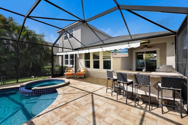 11411 Spring Gate Trl, Bradenton, FL 34211 - view of swimming pool featuring a patio, a pool with connected hot tub, a lanai, and a grill