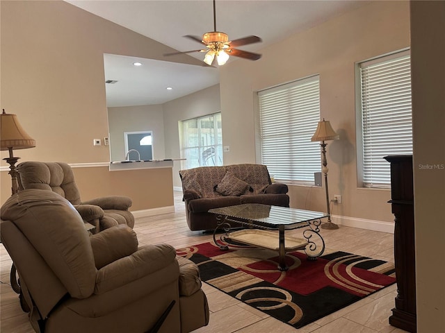 3192 Oaks Bnd, Bowling Green, FL 33834 - living room with ceiling fan, light wood-style floors, vaulted ceiling, and recessed lighting