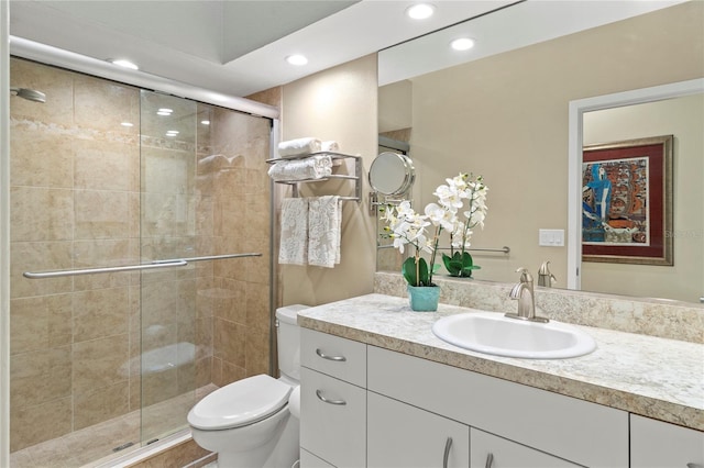 7331 Villa D Este Dr, Sarasota, FL 34238 - full bath with vanity, toilet, a shower stall, and recessed lighting