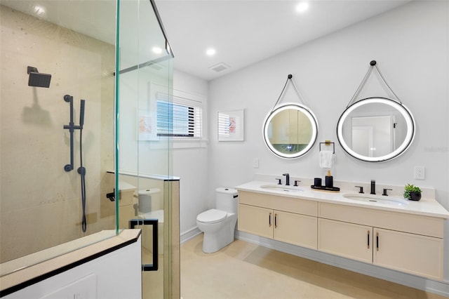 103 4th St N Unit A, Bradenton Beach, FL 34217 - full bath featuring double vanity, a stall shower, toilet, and recessed lighting