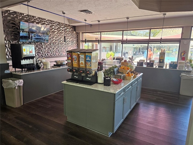 7150 N Tamiami Trl Unit C100, Sarasota, FL 34243 - kitchen featuring dark wood-type flooring, a textured ceiling, plenty of natural light, and pendant lighting