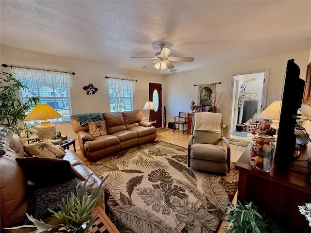 3828 6th Ave W, Palmetto, FL 34221 - living room featuring wood finished floors, a ceiling fan, and a textured ceiling
