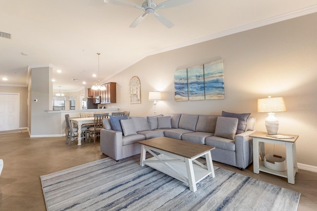5624 Palmer Cir Unit 206, Bradenton, FL 34211 - living room with ornamental molding, light tile patterned floors, a chandelier, ceiling fan, and recessed lighting
