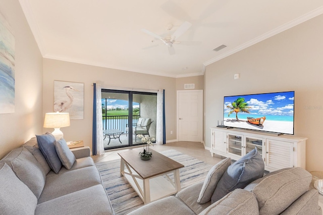 5624 Palmer Cir Unit 206, Bradenton, FL 34211 - living area featuring crown molding, light tile patterned flooring, and a ceiling fan
